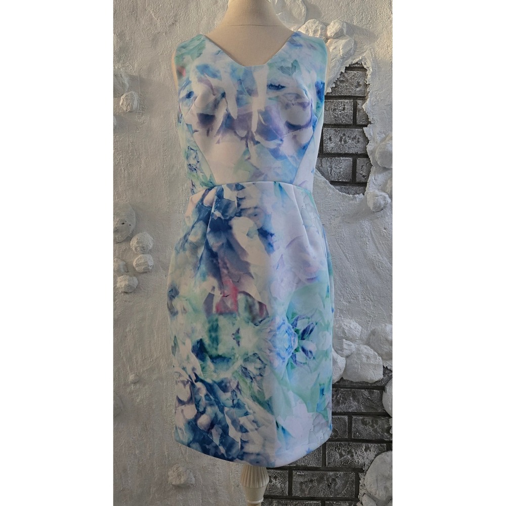 Blue Watercolor Floral Scuba Sheath Women Cutout Back V-Neck Sleeveless Size M